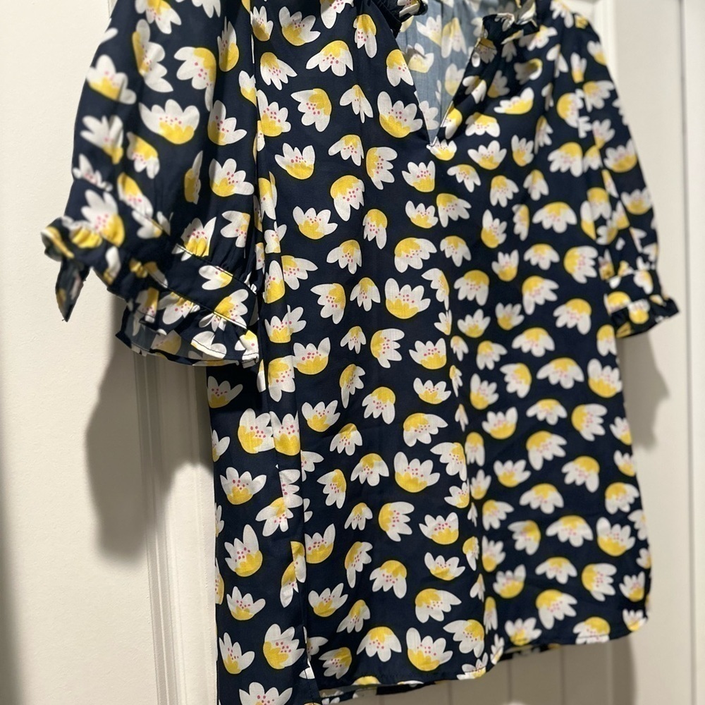Jade By Melody yellow navy Puff Sleeve blouse summer spring shirt size medium‎ - Picture 3 of 8